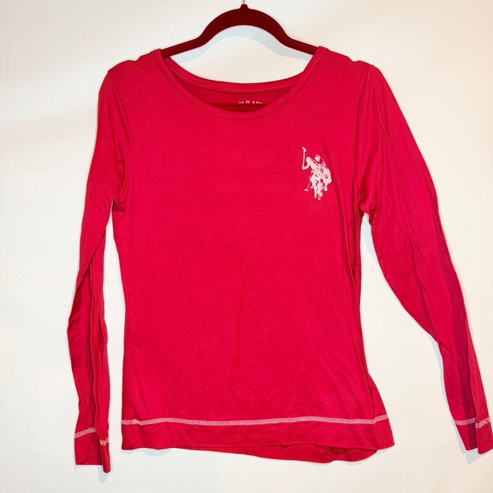 US Polo Assn Womens Red Long Sleeve Logo T-Shirt Size Small Spandex Blend